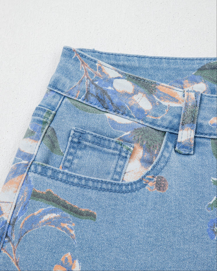 Kinsley Retro Floral Print Frayed Hem Shift Jeans