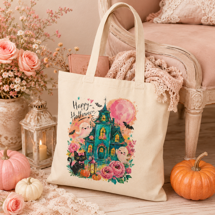 Happy Halloween Haunted House Tote Bag