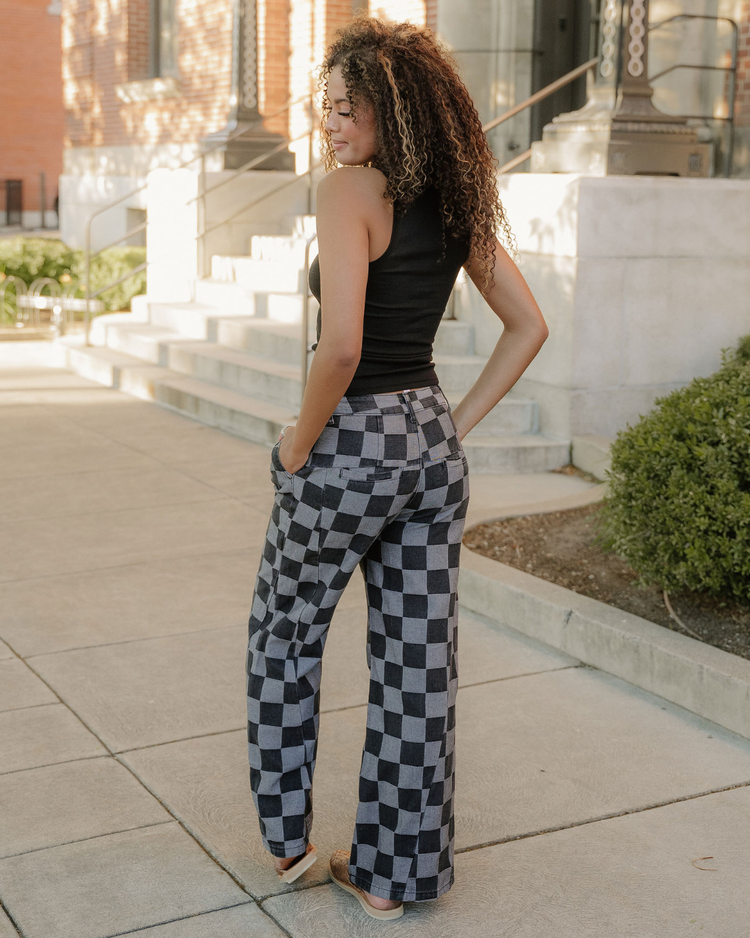 Naomi Checkered Denim Wide Leg Jeans