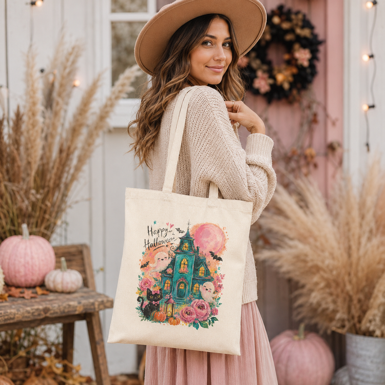 Happy Halloween Haunted House Tote Bag