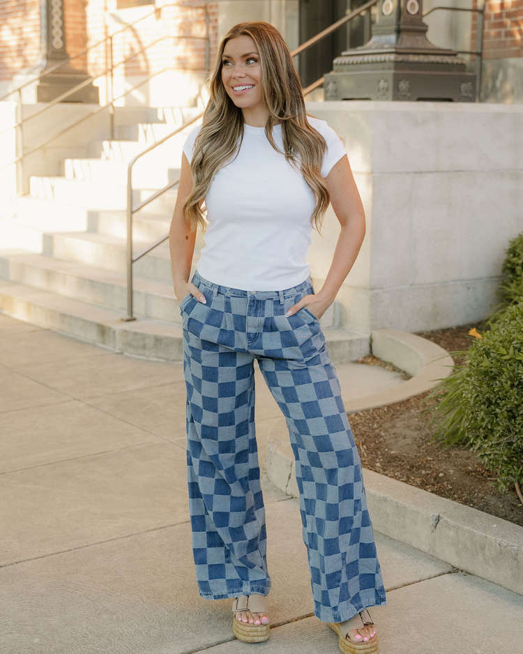 Naomi Checkered Denim Wide Leg Jeans