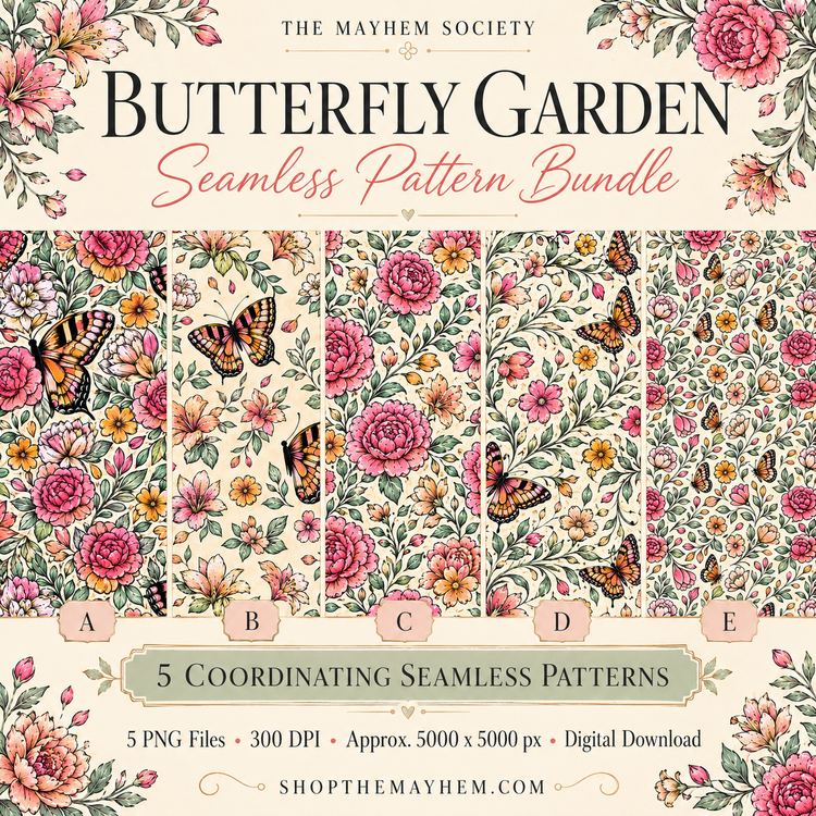 Butterfly Garden Seamless Pattern Bundle | 5 Floral Butterfly PNG Digital Patterns