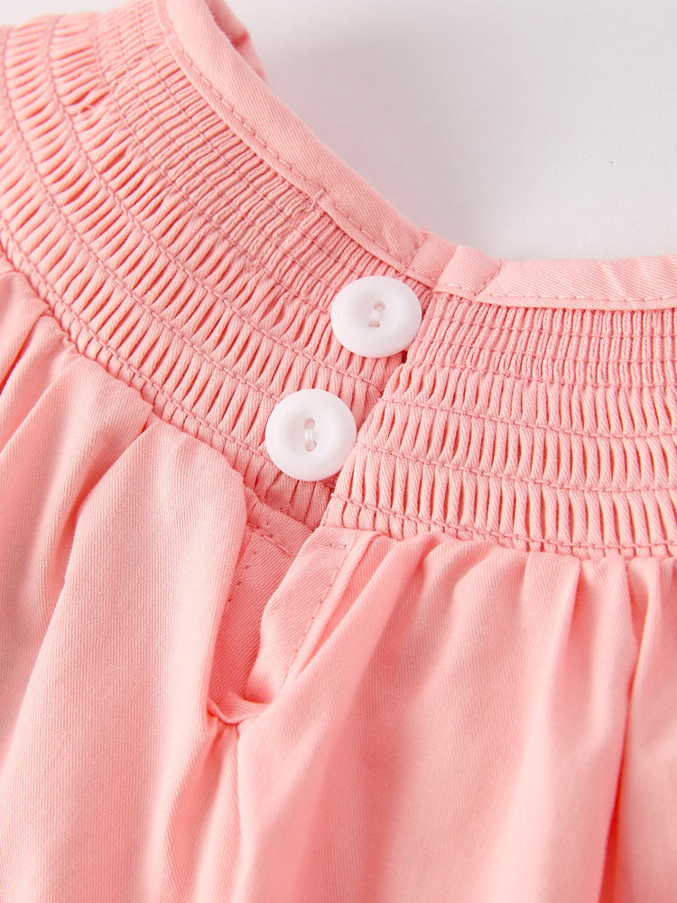 Girls Horse Smocking Embroidered Coral Dress