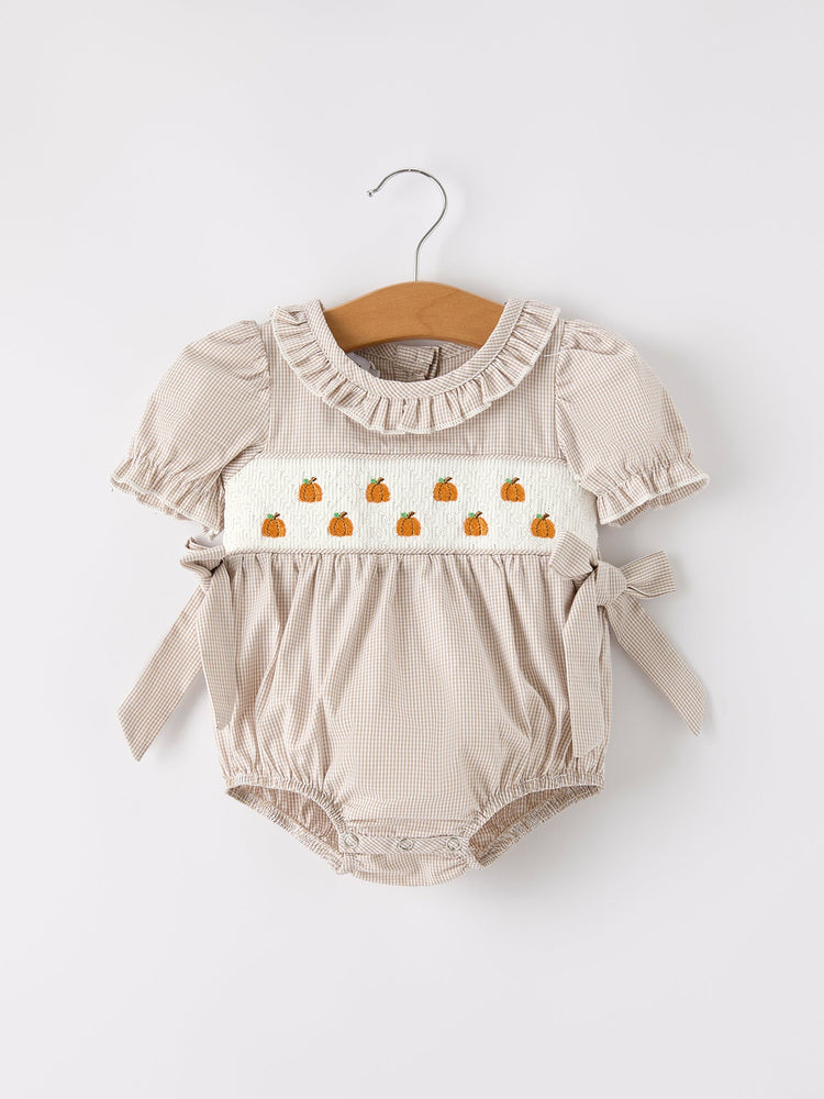 Fall Halloween & Thanksgiving Pumpkin Embroidery Smock Plaid Baby Girl Romper