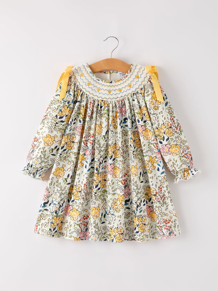 Fall Embroidery Smocking Bow Floral Leaf Baby Girls Dress