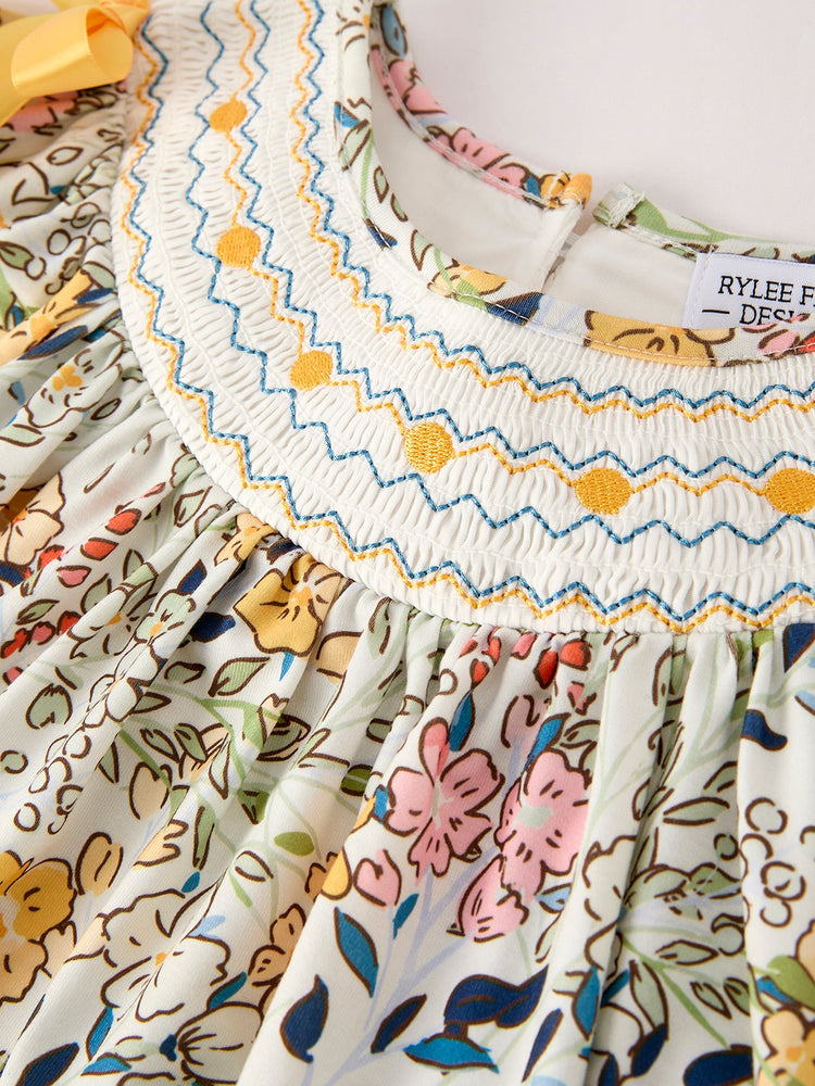 Fall Embroidery Smocking Bow Floral Leaf Baby Girls Dress