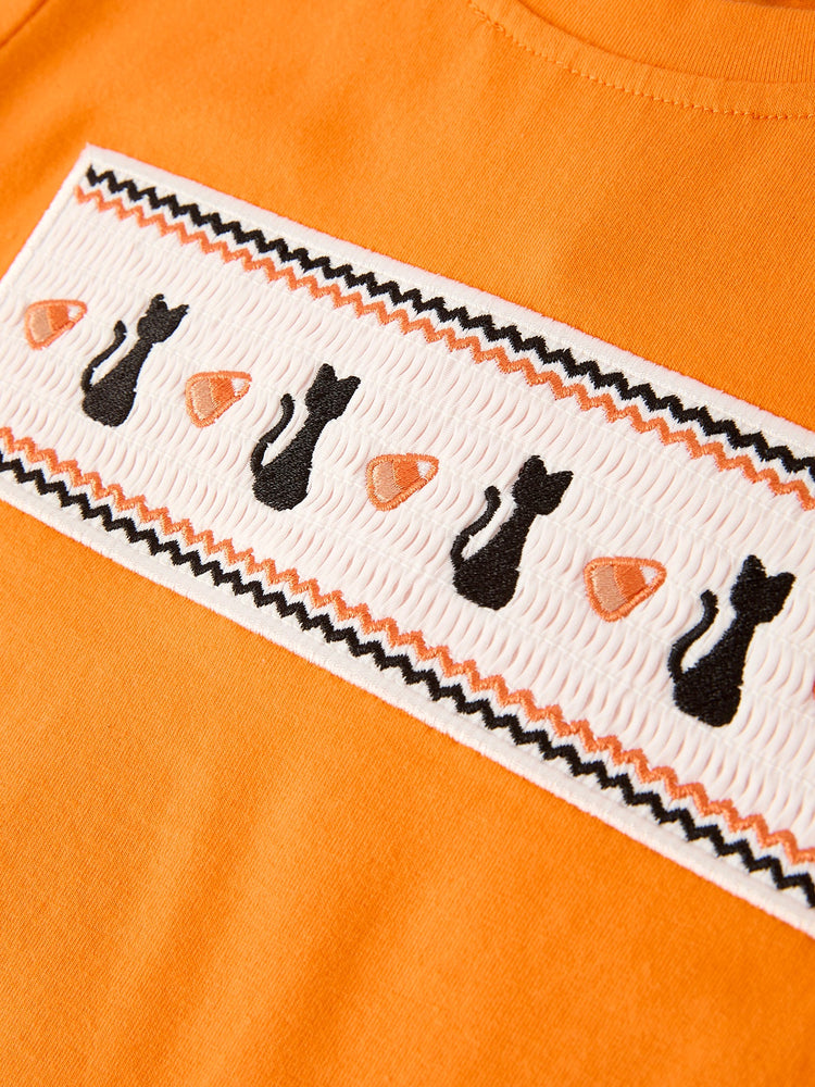 Halloween Striped Boy Set with Cat Smocking Embroidery – Perfect for Fall