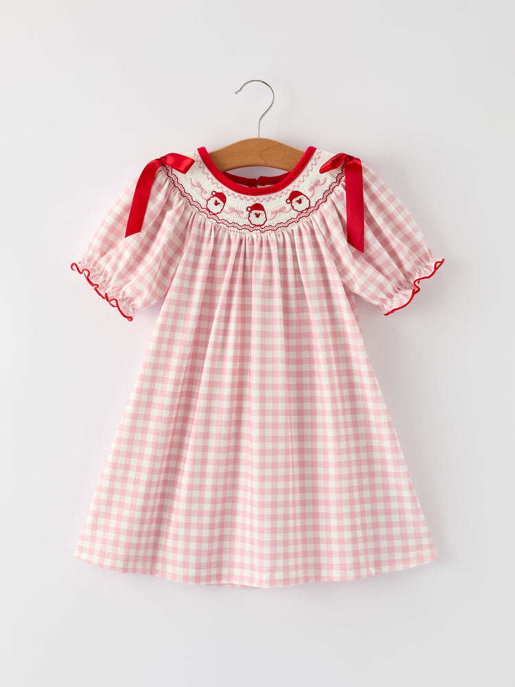 Pink Gingham Christmas Girls Dress: Santa Embroidery with Red Satin Ribbon