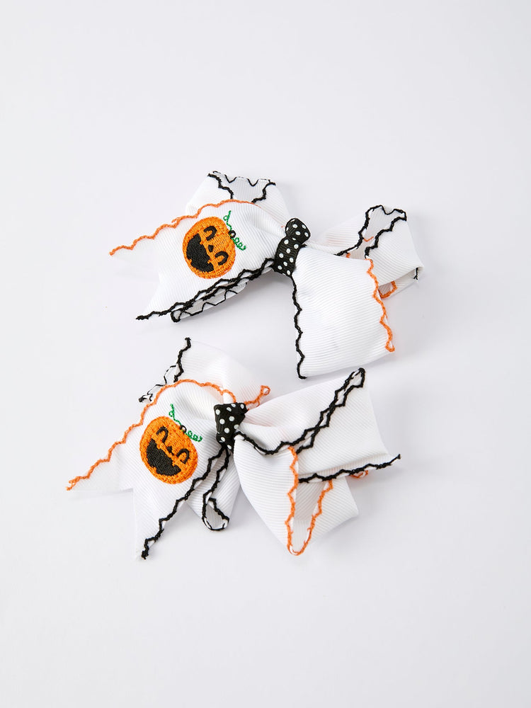 Halloween Pumpkin Hair Bows: White Ribbon Design(2PCS)