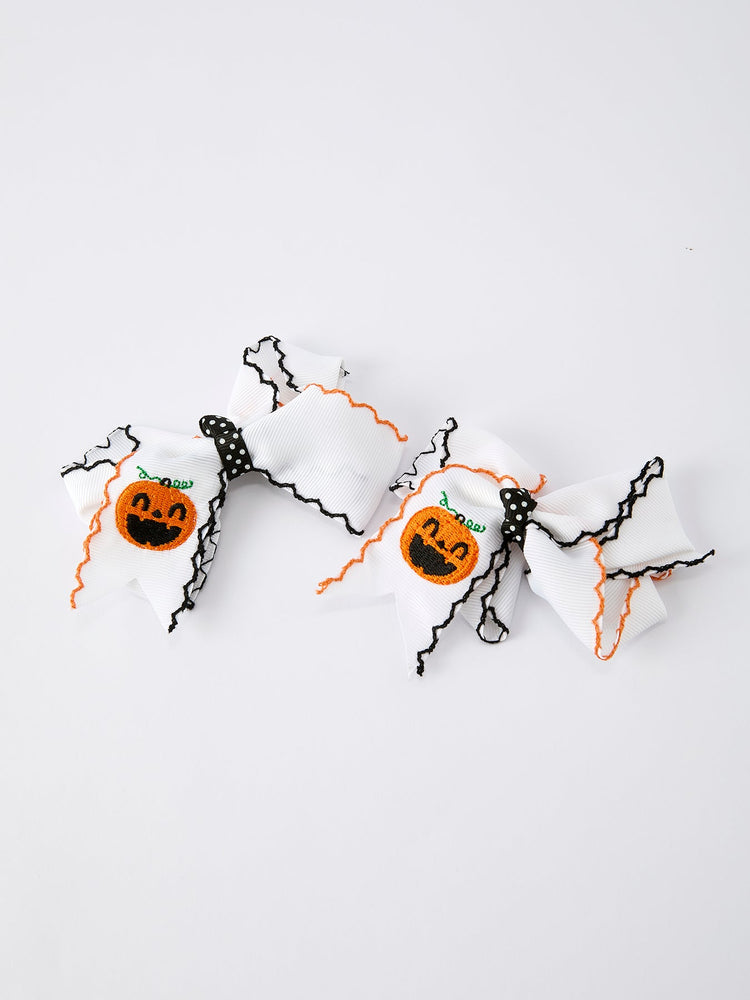 Halloween Pumpkin Hair Bows: White Ribbon Design(2PCS)
