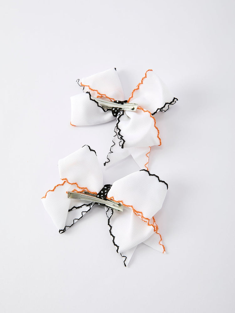 Halloween Pumpkin Hair Bows: White Ribbon Design(2PCS)