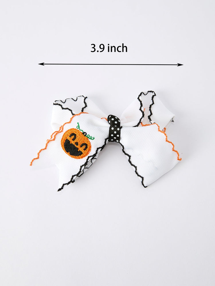 Halloween Pumpkin Hair Bows: White Ribbon Design(2PCS)