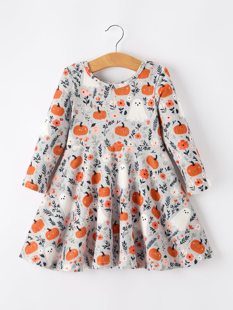 Halloween Pumpkin Ghost Girls Dress Long Sleeve Twirl Dress