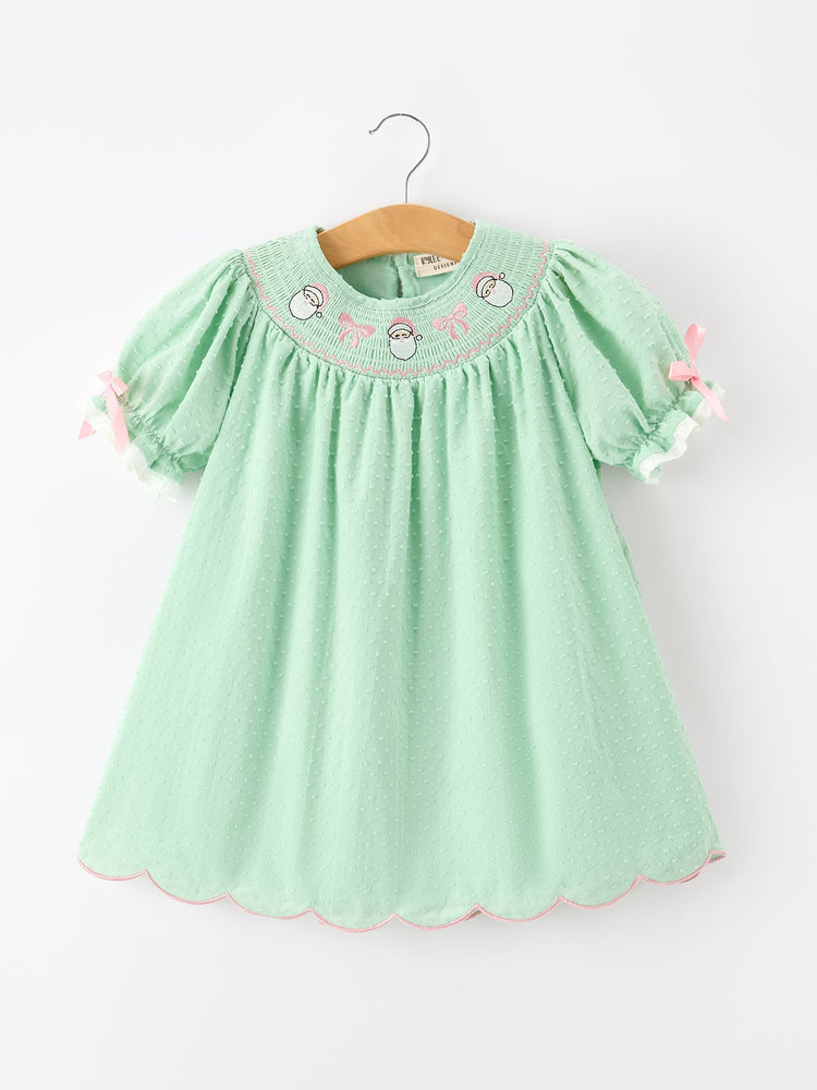 Christmas Mint Green Smocked Santa Girls Puff Sleeve Dress