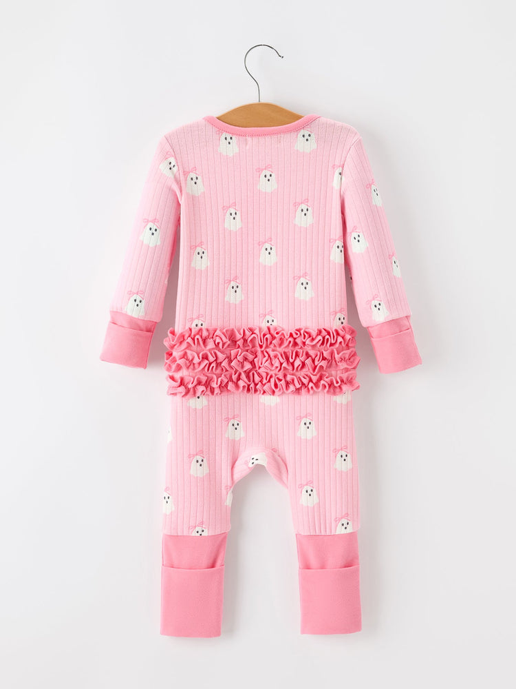 Halloween Ghost Baby Girl Pink Pajamas Ruffle Zipper Romper