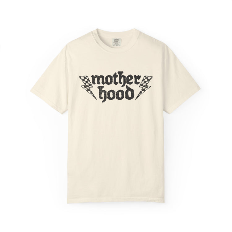 Motherhood graphic T-shirt with checkerboard lightning design