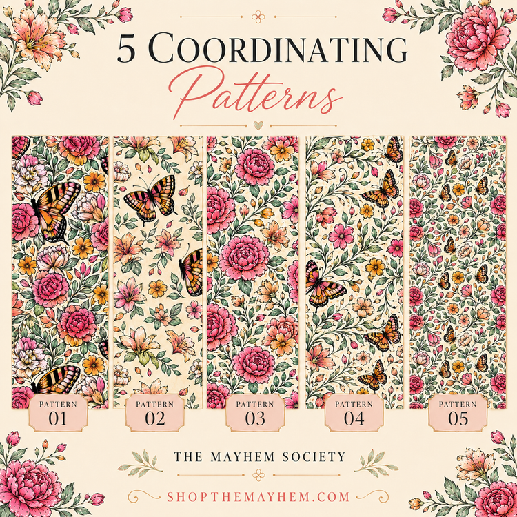 Butterfly Garden Seamless Pattern Bundle | 5 Floral Butterfly PNG Digital Patterns