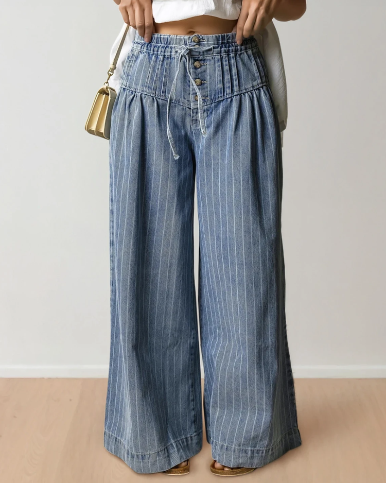 Cora Blue Stripe Button Pleated Drawstring Waist Casual Wide Leg Jeans