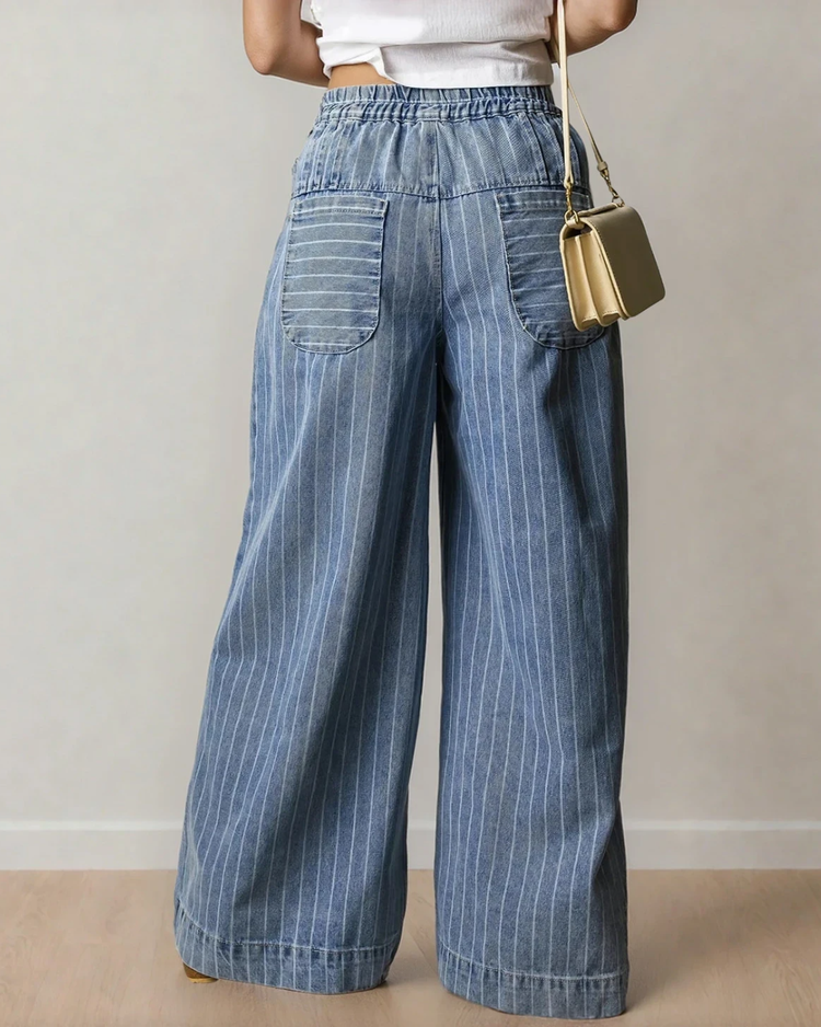 Cora Blue Stripe Button Pleated Drawstring Waist Casual Wide Leg Jeans