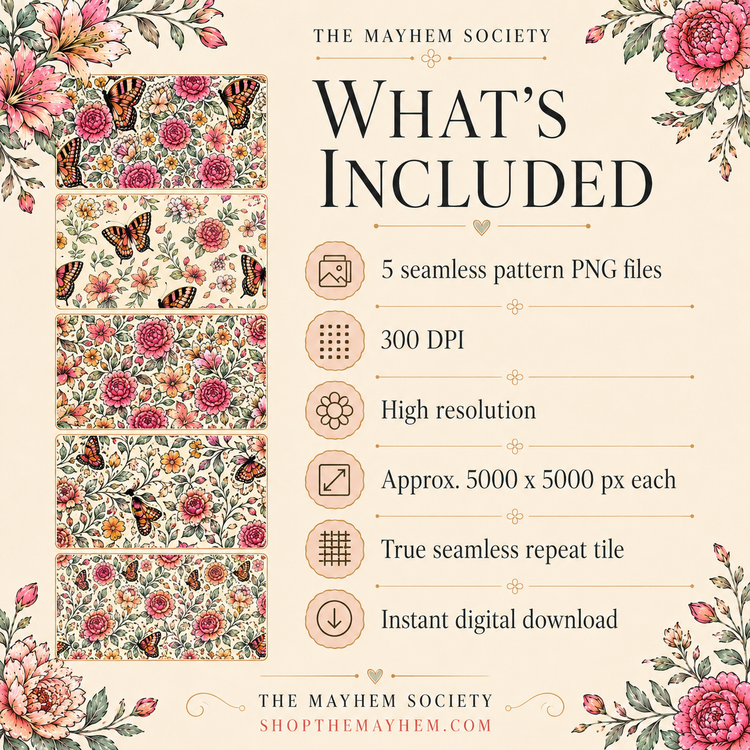 Butterfly Garden Seamless Pattern Bundle | 5 Floral Butterfly PNG Digital Patterns