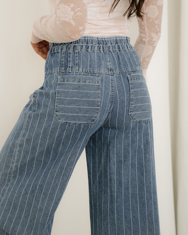 Cora Blue Stripe Button Pleated Drawstring Waist Casual Wide Leg Jeans