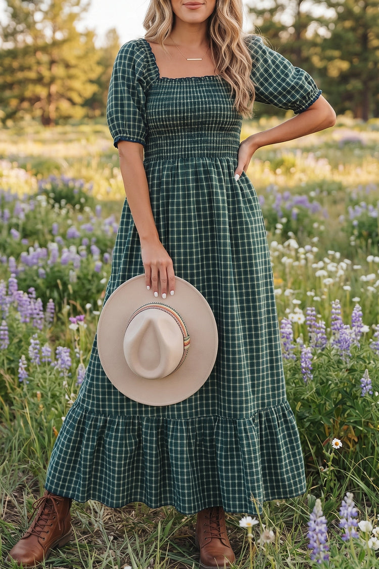Daisy Plaid Shirred Ruffle-Hem Dress