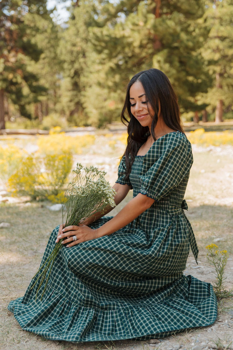 Daisy Plaid Shirred Ruffle-Hem Dress
