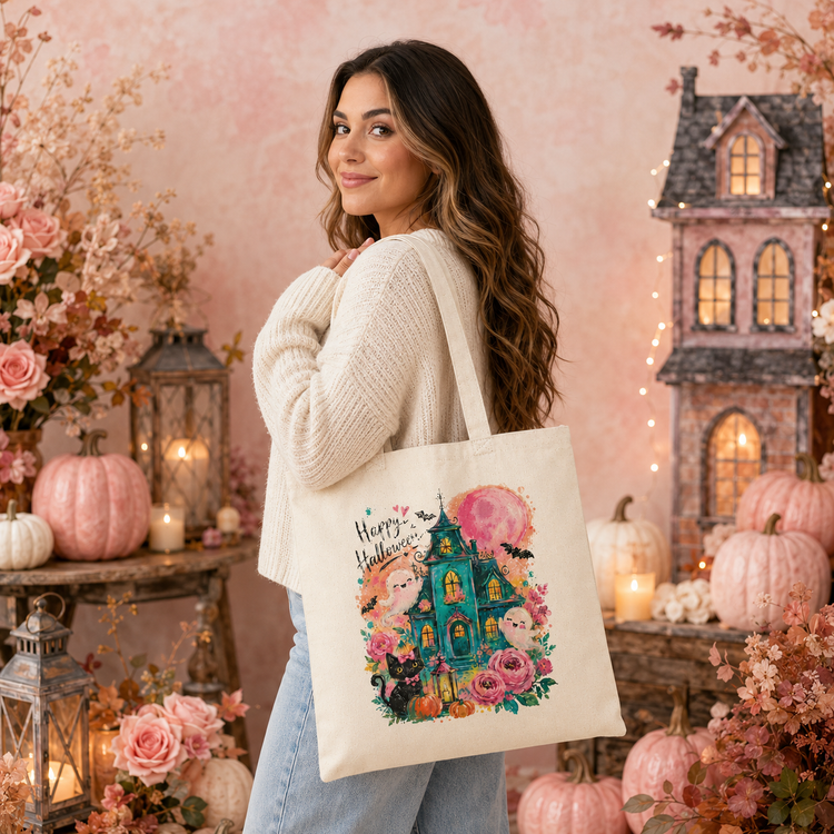 Happy Halloween Haunted House Tote Bag