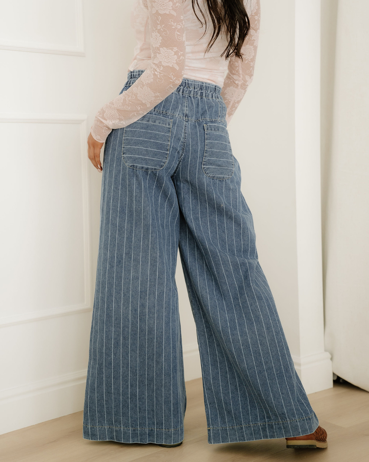 Cora Blue Stripe Button Pleated Drawstring Waist Casual Wide Leg Jeans