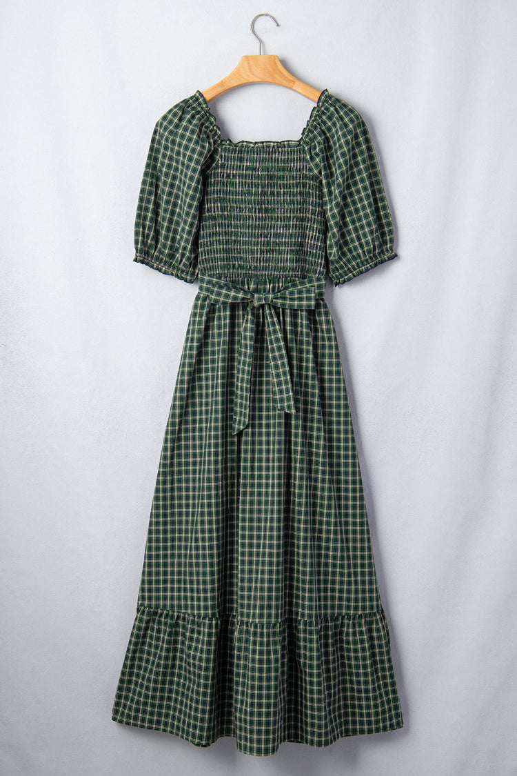 Daisy Plaid Shirred Ruffle-Hem Dress