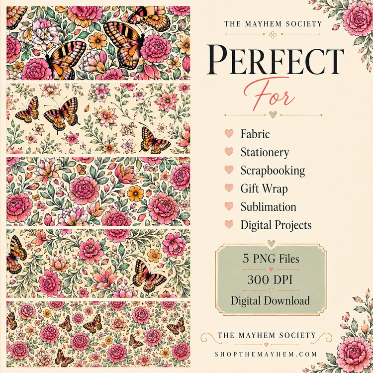 Butterfly Garden Seamless Pattern Bundle | 5 Floral Butterfly PNG Digital Patterns