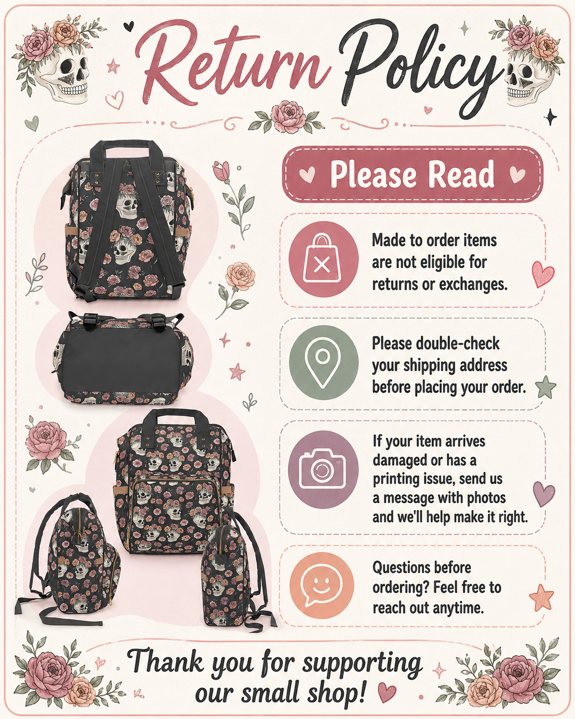 Floral Skull Diaper Backpack | Dark Rose Baby Bag