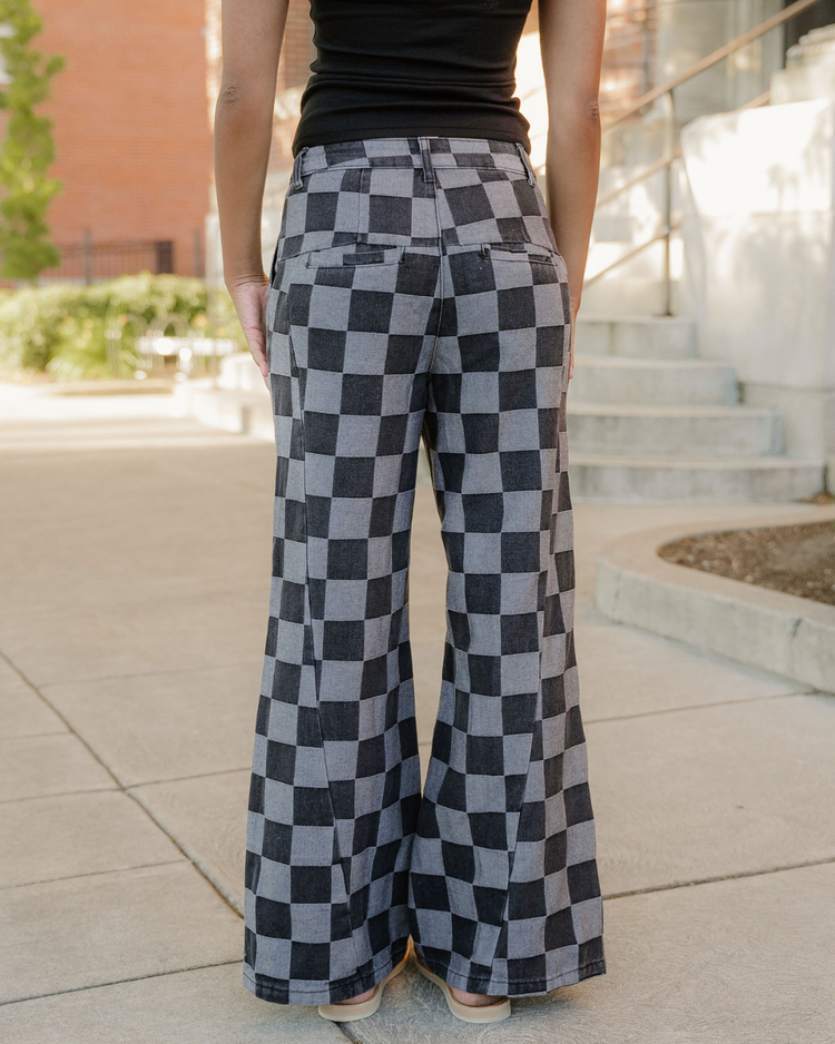 Naomi Checkered Denim Wide Leg Jeans