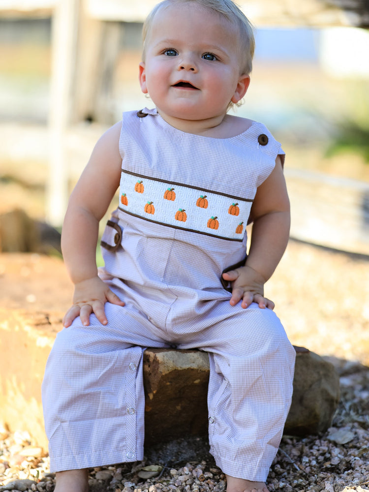 Fall Halloween & Thanksgiving Pumpkin Smock Embroidered Boys Romper