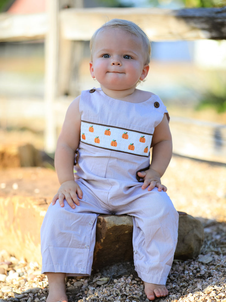 Fall Halloween & Thanksgiving Pumpkin Smock Embroidered Boys Romper
