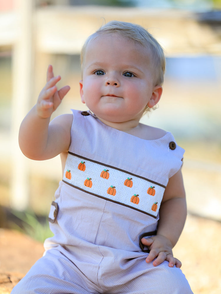 Fall Halloween & Thanksgiving Pumpkin Smock Embroidered Boys Romper