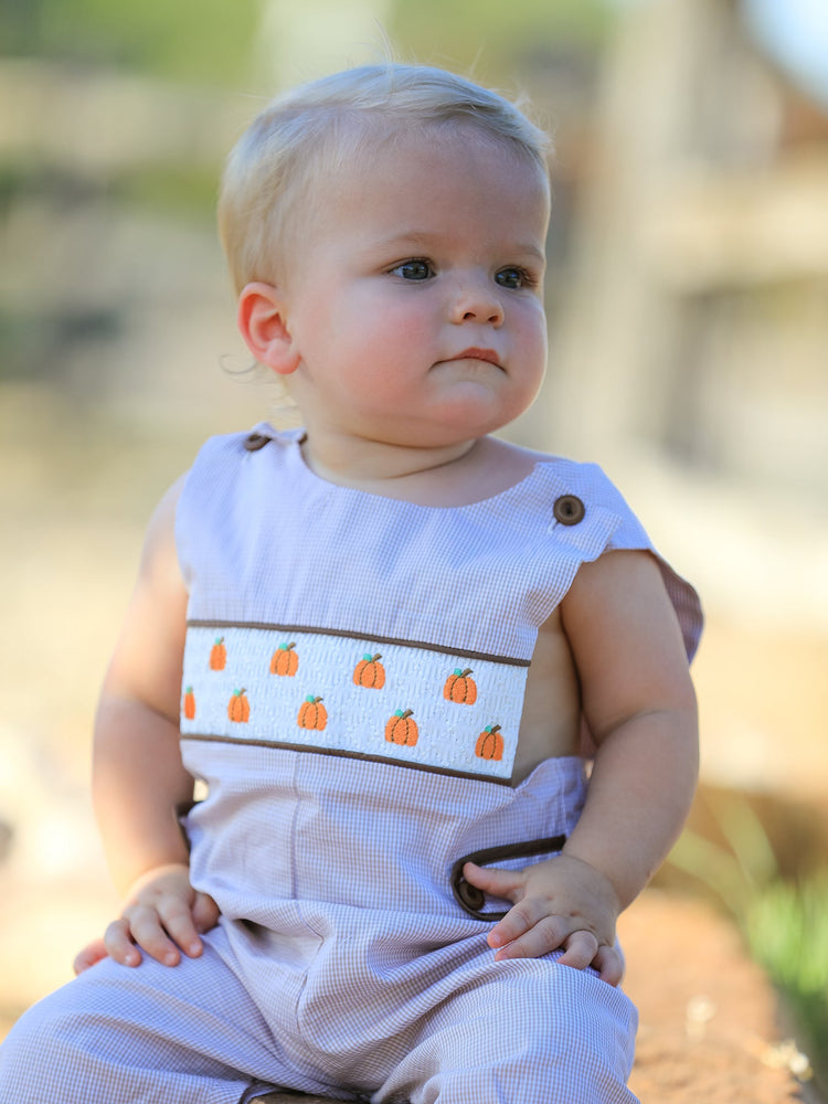 Fall Halloween & Thanksgiving Pumpkin Smock Embroidered Boys Romper