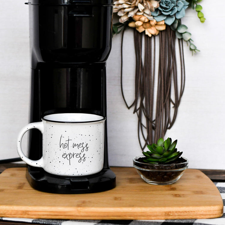 Tired As A Mother Campfire Mug Heavy Duty 15oz Oversized Ceramic Mug White Sesame Glaze Black Rim