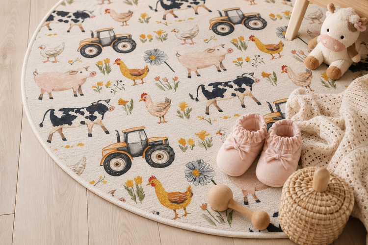 Farm Animal Nursery Rug | Round Baby Girl Farmhouse Area Rug