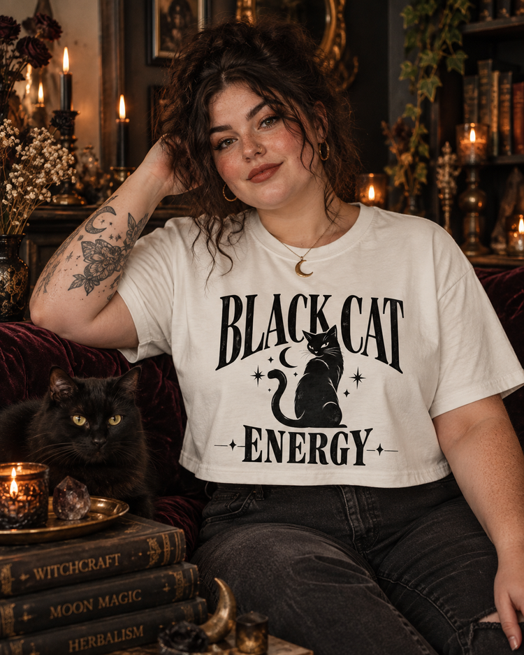 Black Cat Energy Cropped Tee | Vintage Goth Graphic Shirt