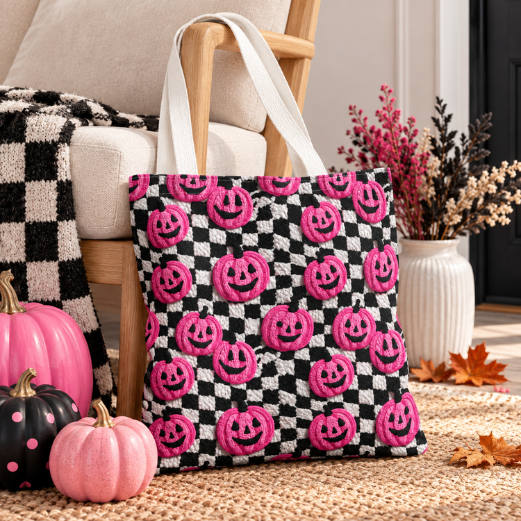 Pink Pumpkin Checkered Tote Bag | Spooky Cute Halloween Shopper