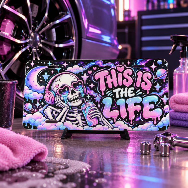This Is the Life Vanity License Plate | Cosmic Skull Pastel Goth Car Accessory