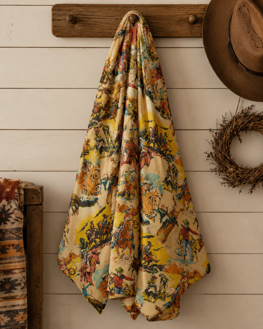 A lightweight scarf with a vintage French toile pattern featuring soldiers and horses on a yellow and beige background, hanging from a rustic wooden peg on a white wood paneled wall.