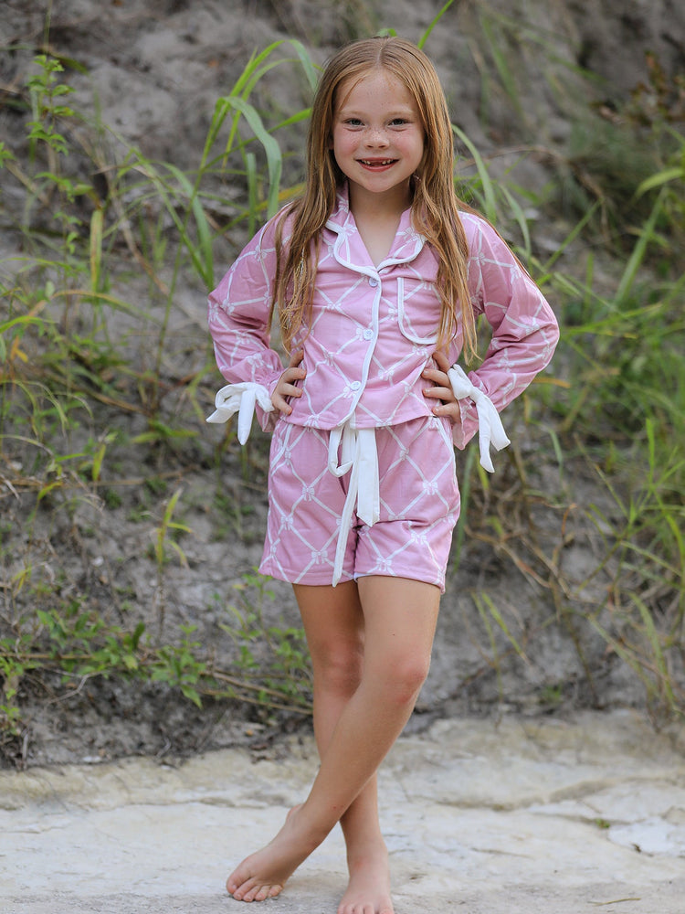 Mommy & me Autumn Check Bow Girls Lapel Pajamas