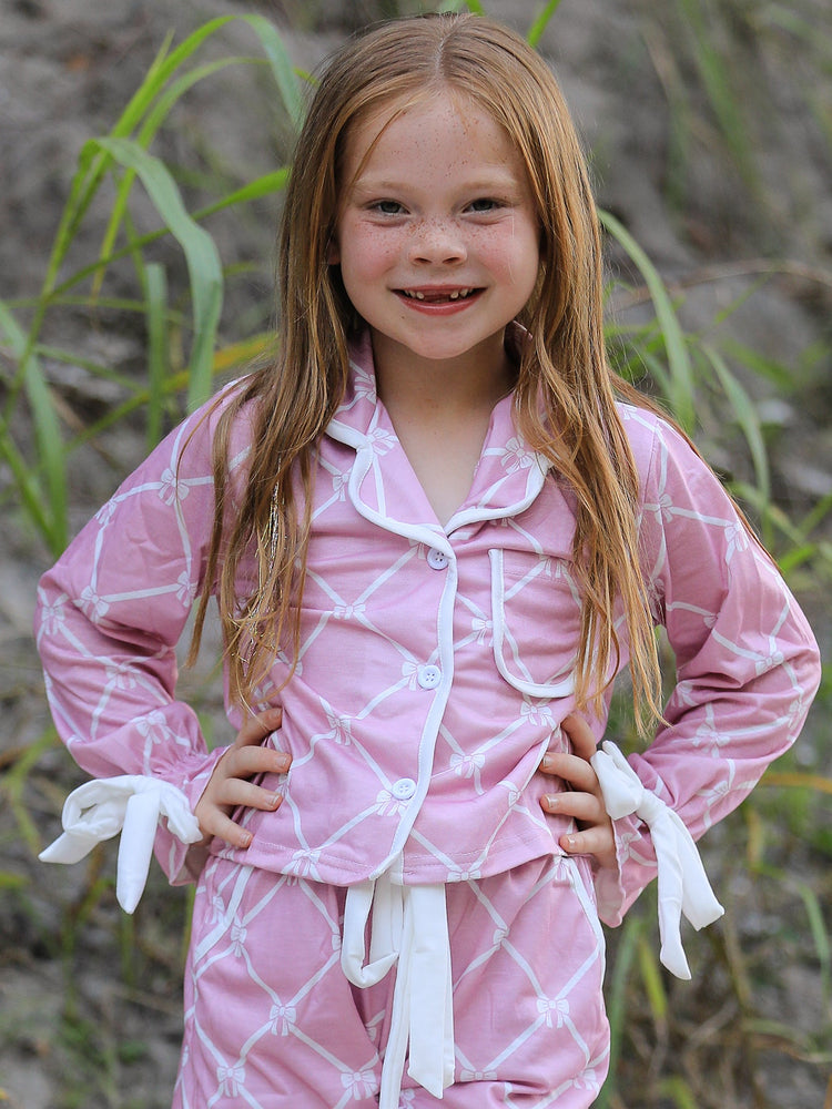 Mommy & me Autumn Check Bow Girls Lapel Pajamas