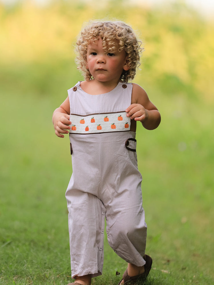 Fall Halloween & Thanksgiving Pumpkin Smock Embroidered Boys Romper