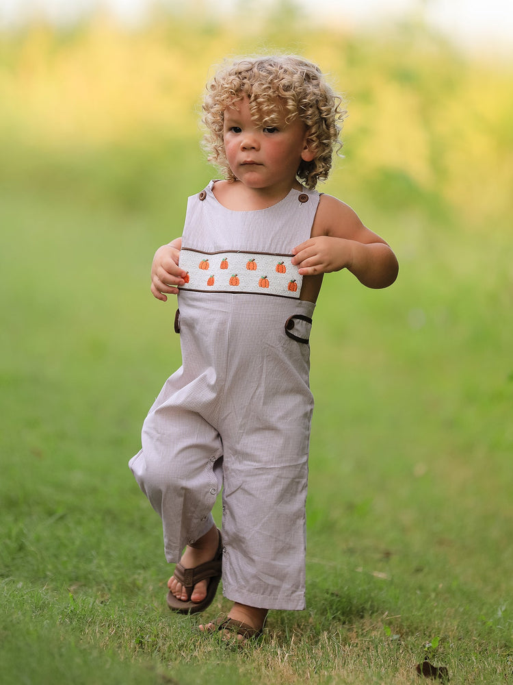 Fall Halloween & Thanksgiving Pumpkin Smock Embroidered Boys Romper
