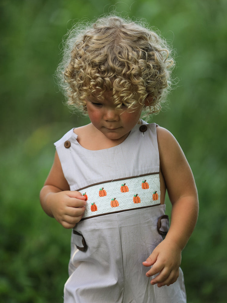 Fall Halloween & Thanksgiving Pumpkin Smock Embroidered Boys Romper