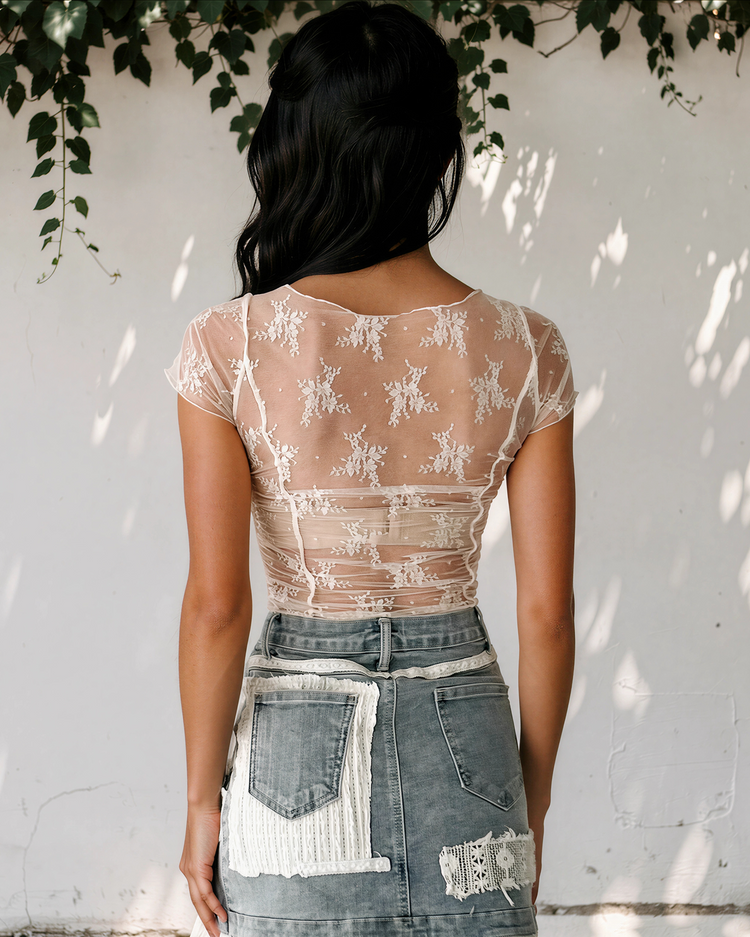 Jolie Ruched Floral Sheer Mesh Top