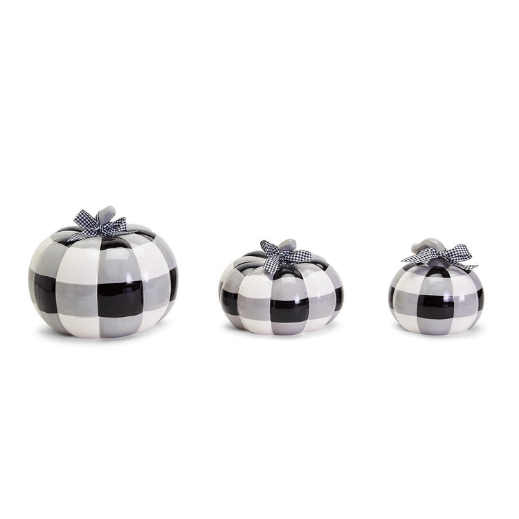 Buffalo Check Pumpkin Hand-Painted Black White Gingham Fall Halloween Decor